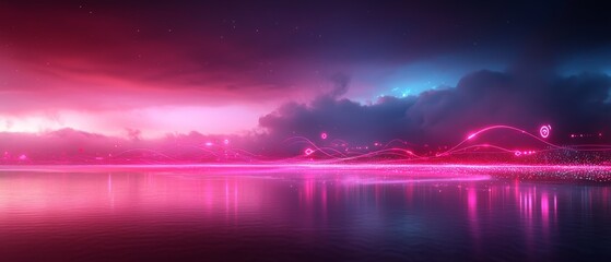 Obraz premium A vibrant landscape showcasing a sunset with glowing pink and blue hues reflecting on water, creating a surreal atmosphere.