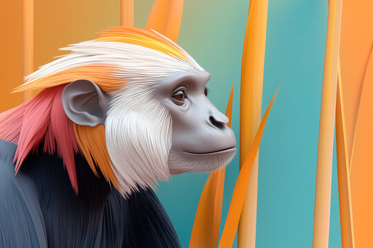 Exotic monkey abstract portrait, side close head face closeup, cut paper, wildlife, ancestor, evolution, jungle aesthetic design