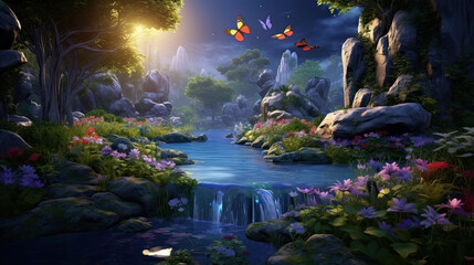 Enchanted Forest Stream with Glowing Butterflies and Sunset