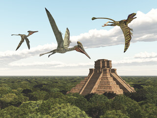 Flugsaurier Pterodactylus und Peteinosaurus nahe eines Maya Tempels über einem Dschungel