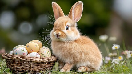 Fototapeta premium Easter day celebration with bunny and pastel tone easter eggs in a lively garden scene