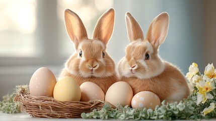 Easter day celebration with pastel tone easter eggs and bunnies in a cozy setting