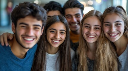 Cheerful Diverse Group of Young Adults Smiling Together in Modern Hall