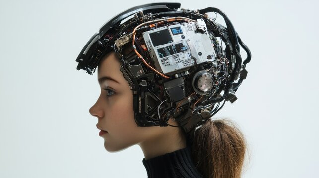 Abstract circuit chip in robot head. Computing and innovation concept. 3D Rendering