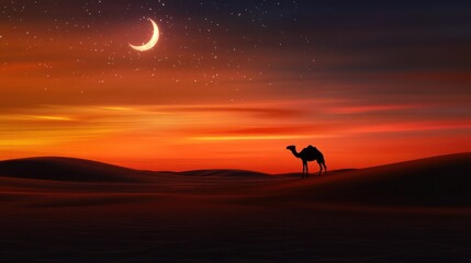 Fototapeta premium Desert camel silhouette, crescent moon, sunset, night sky, travel