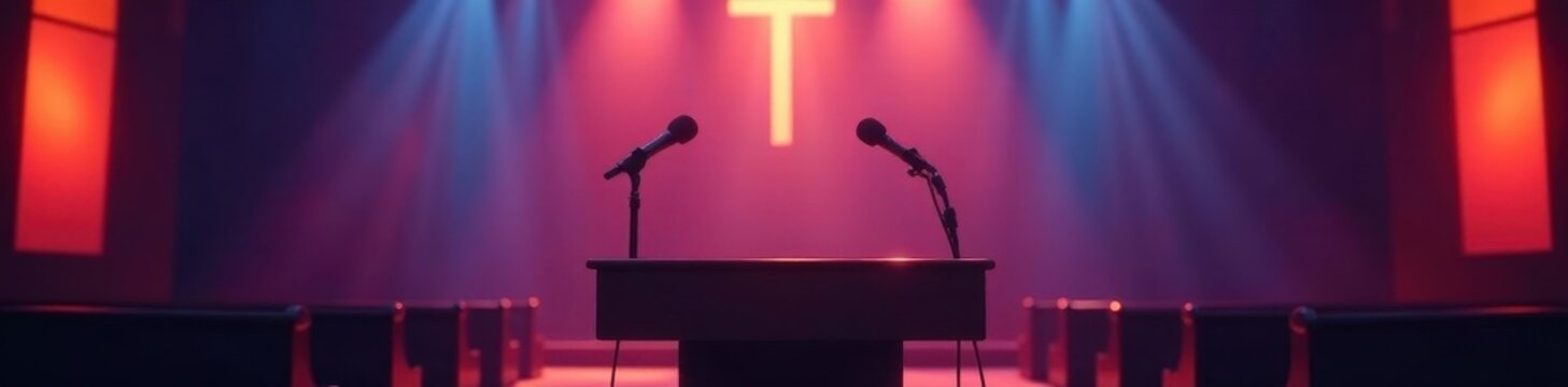 Empty church pulpit, sanctuary silent, microphone stands , background, God