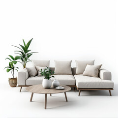 Modern sectional sofa with neutral cushions, wooden legs, and decorative plants
