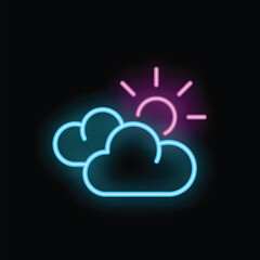 Neon sun shining through stylized blue clouds on a black background, perfect for weather and meteorology concepts
