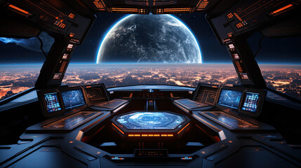 Futuristic spaceship cockpit overlooking a vibrant city at night on a distant planet