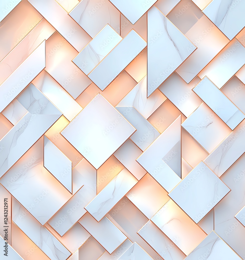 Poster A stunning geometric pattern featuring white and soft pastel squares and rectangles arranged in an intricate design, creating a modern and stylish backdrop for various uses.