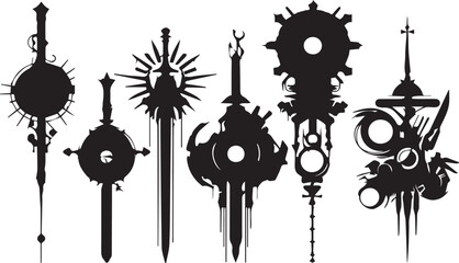 Set of decorative elements for design. Cyberpunk, gothic, retro, vintage, ornaments, patterns. Hand drawn vector illustration