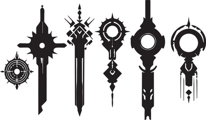 Set of decorative elements for design. Cyberpunk, gothic, retro, vintage, ornaments, patterns. Hand drawn vector illustration