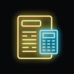 Glowing neon icon of a calculator calculating a financial document on a black background