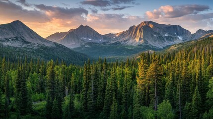 Obraz premium Majestic Mountain Landscape Surrounded by Lush Green Forest at Sunset in the Wilderness