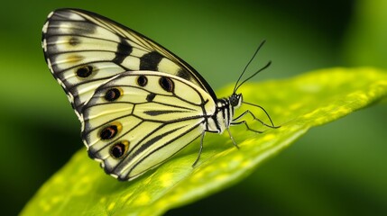 Fototapeta premium Graceful butterfly on vibrant green leaf in serene natural setting under soft light