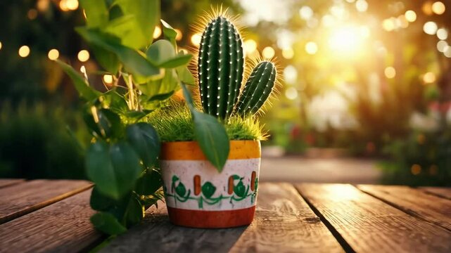 Cactus in decorative pot on wooden table at sunset in garden Happy Cinco de mayo