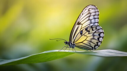 Obraz premium Delicate Yellow and Black Butterfly on Green Leaf in Soft Natural Light