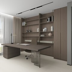 This modern office features a sleek wooden desk, open shelves, and warm lighting. Neutral tones,...