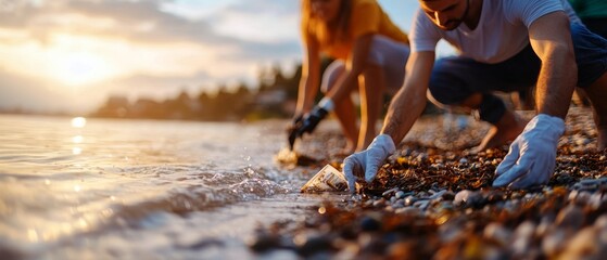 Two individuals collect items from a beach at sunset, showcasing an effort to clean the environment.