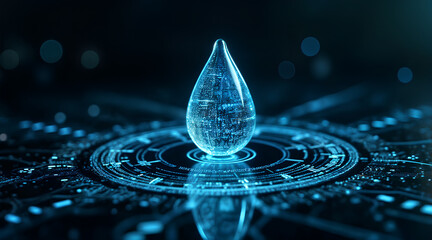 Futuristic Digital Water Droplet Hologram, Representing Sustainability, Technology, and Innovation in Water Conservation and Environmental Solutions