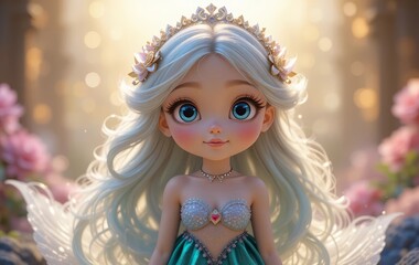 A 3D rendering of a cute mermaid with intricate details and a soft, dreamy lighting effect.