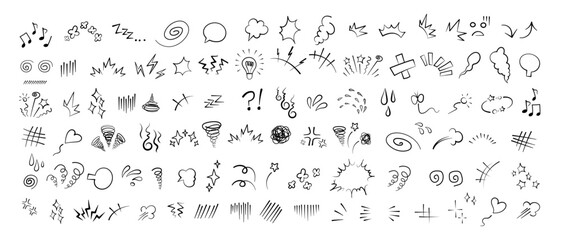 Manga or anime comic emoticon element graphic effects hand drawn doodle vector illustration set isolated on white background. Cartoon style manga doodle line expression scribble anime mark collection.