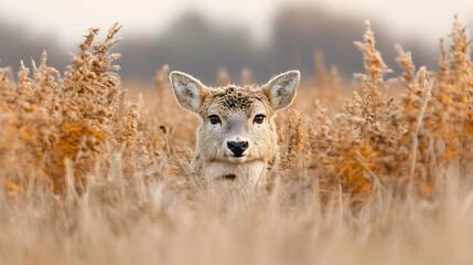 Fawn hiding in autumn reeds, field background, nature photography, wildlife