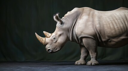 Fototapeta premium Powerful Gray Rhinoceros Portrait Against Dark Background