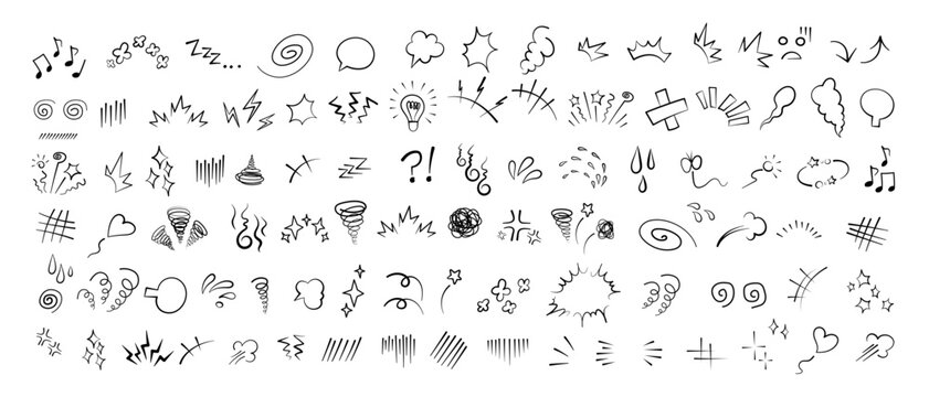 Manga or anime comic emoticon element graphic effects hand drawn doodle vector illustration set isolated on white background. Cartoon style manga doodle line expression scribble anime mark collection.