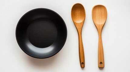 ฺBlack fry pan with wooden spatula isolated on white background. Top view