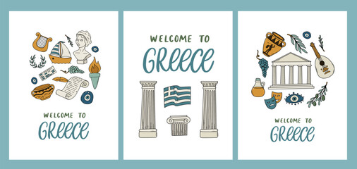 Welcome to greece greeting cards, posters, banners, wallpaper collection decorated with doodles and quotes. Greece Independence day theme, tourism and travel. EPS 10