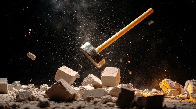 Axe Smashing Concrete Blocks in Dramatic Dark Setting