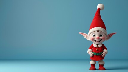 Fototapeta premium A 3D cartoon Christmas elf in a red suit smiles against a blue background.