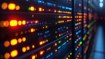 Colorful data server room with illuminated panels showcasing technology and digital activity
