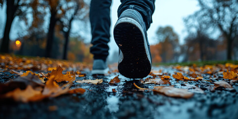 Person Walking on Autumn Leaves and Wet Pavement