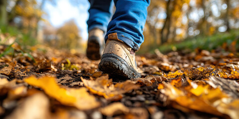 Muddy Hiking Boot on Autumn Leaves Path
