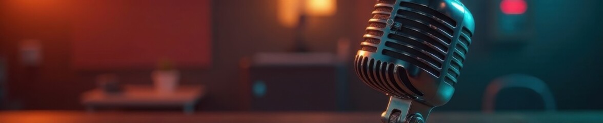 Vintage microphone, chrome detail, classic design, old microphone, metal, recording