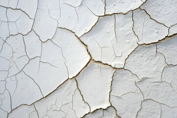 A close-up of cracked, peeling paint on a textured surface, revealing an intricate pattern of lines and crevices.