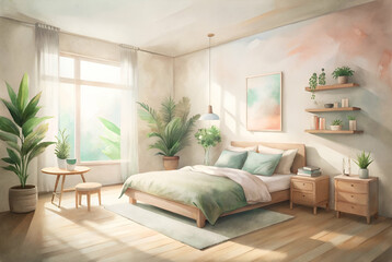A serene, beautifully designed bedroom featuring a bed, plants, and warm natural light streaming through the window.
