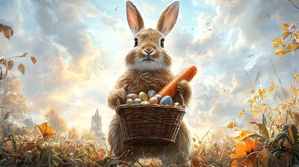 Easter day celebration with adorable rabbit holding pastel easter eggs in spring landscape