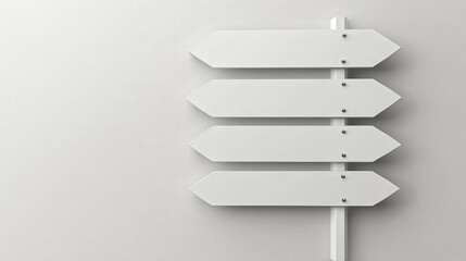 Obraz premium Blank Directional Sign Board with Three Arrows Pointing in Various Directions Against a Minimalist Wall Background
