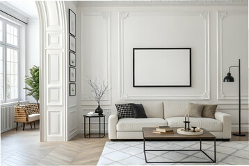 A modern, minimalistic living room featuring white walls, a comfortable sofa, stylish decor, and ample natural light.