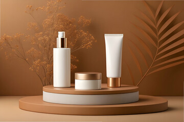 A minimalist display of skincare products on a circular pedestal, featuring elegant white containers with golden accents against a warm, earthy background.