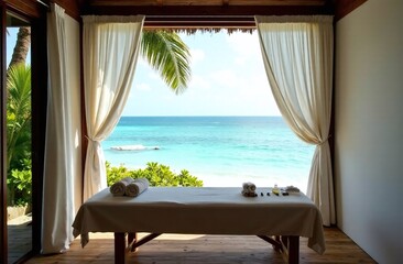 Fototapeta na wymiar Tropical spa escape by the ocean: a private wooden cabana overlooking the turquoise sea, with sheer white drapes blowing gently in the breeze and a massage table 