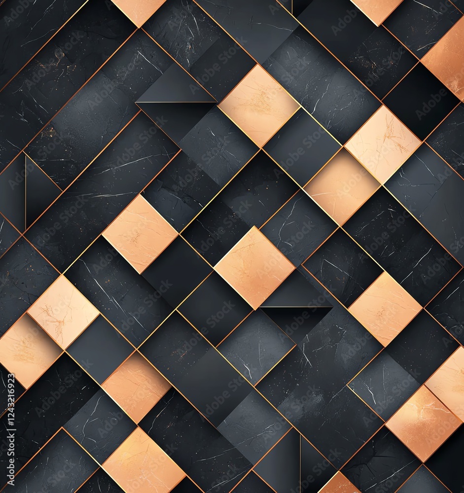 Poster an abstract design featuring a textured pattern of black and gold blocks, creating a sophisticated a