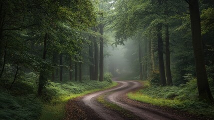 A serene winding road through a lush green forest shrouded in gentle mist and surrounded by tall, majestic trees.