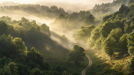 Serene Morning Fog Over Lush Green Forest Landscape with Winding Road