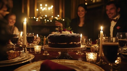 A festive dinner gathering with a beautiful cake on the table, surrounded by candles and sparkling wine, perfect for celebrations.