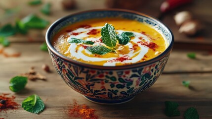 Delicious Creamy Soup in a Beautiful Bowl Surrounded by Fresh Herbs