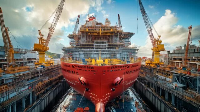 A large rusty ship being repaired in a dry dock section of a shipyard, with metallic heavy equipment and big cranes in background